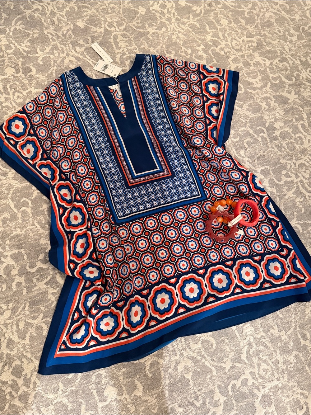 Trina Turk Navy Blue Orange White Geometric Print  Shirt